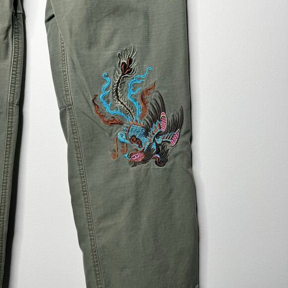 DA-NANG Cargo Dragon Floral Embroidered Pants Green Y2K Low Rise Small - Picture 8 of 11